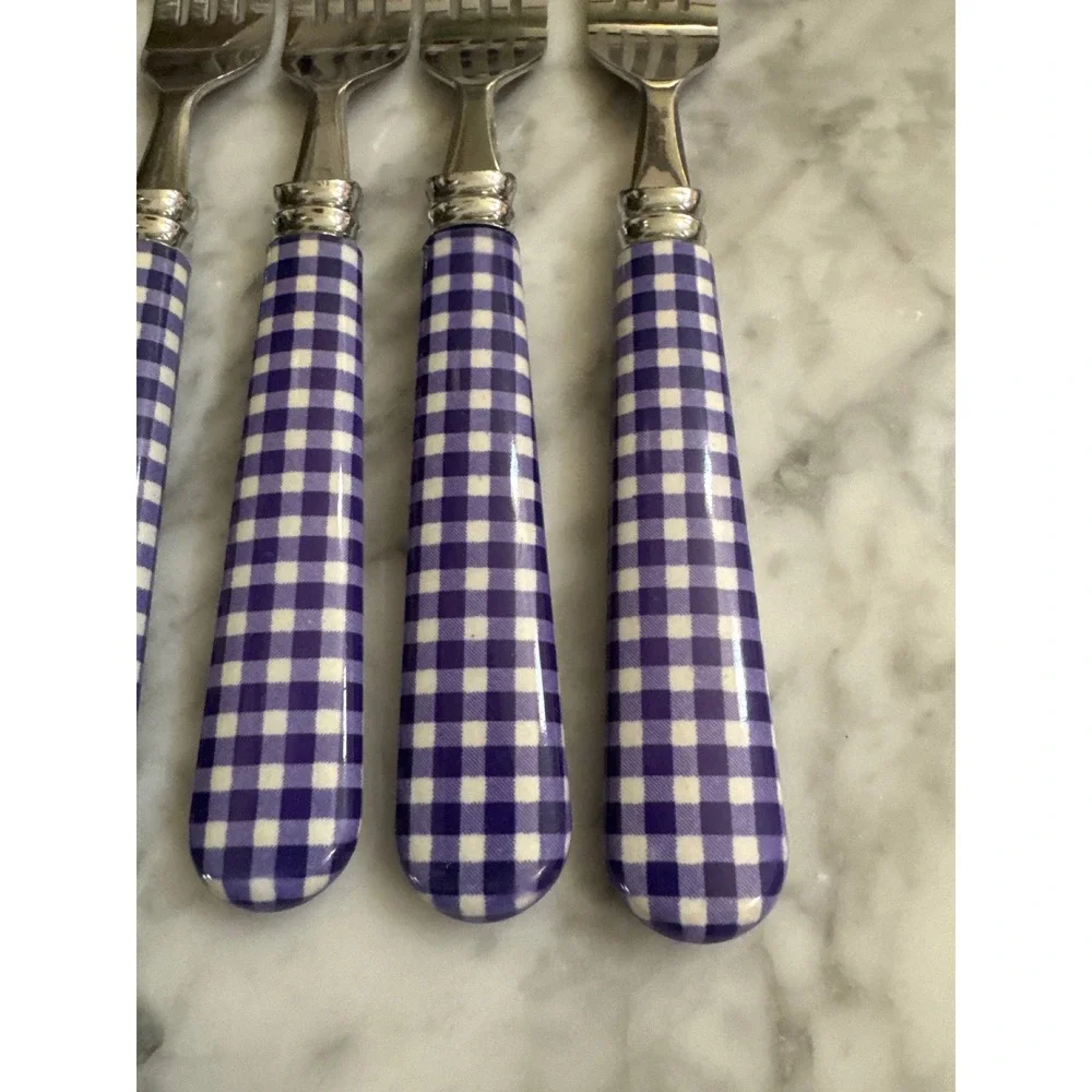 Purple Gingham Flatware Set 11pc Stainless Steel Checkered Knives Forks Spoons